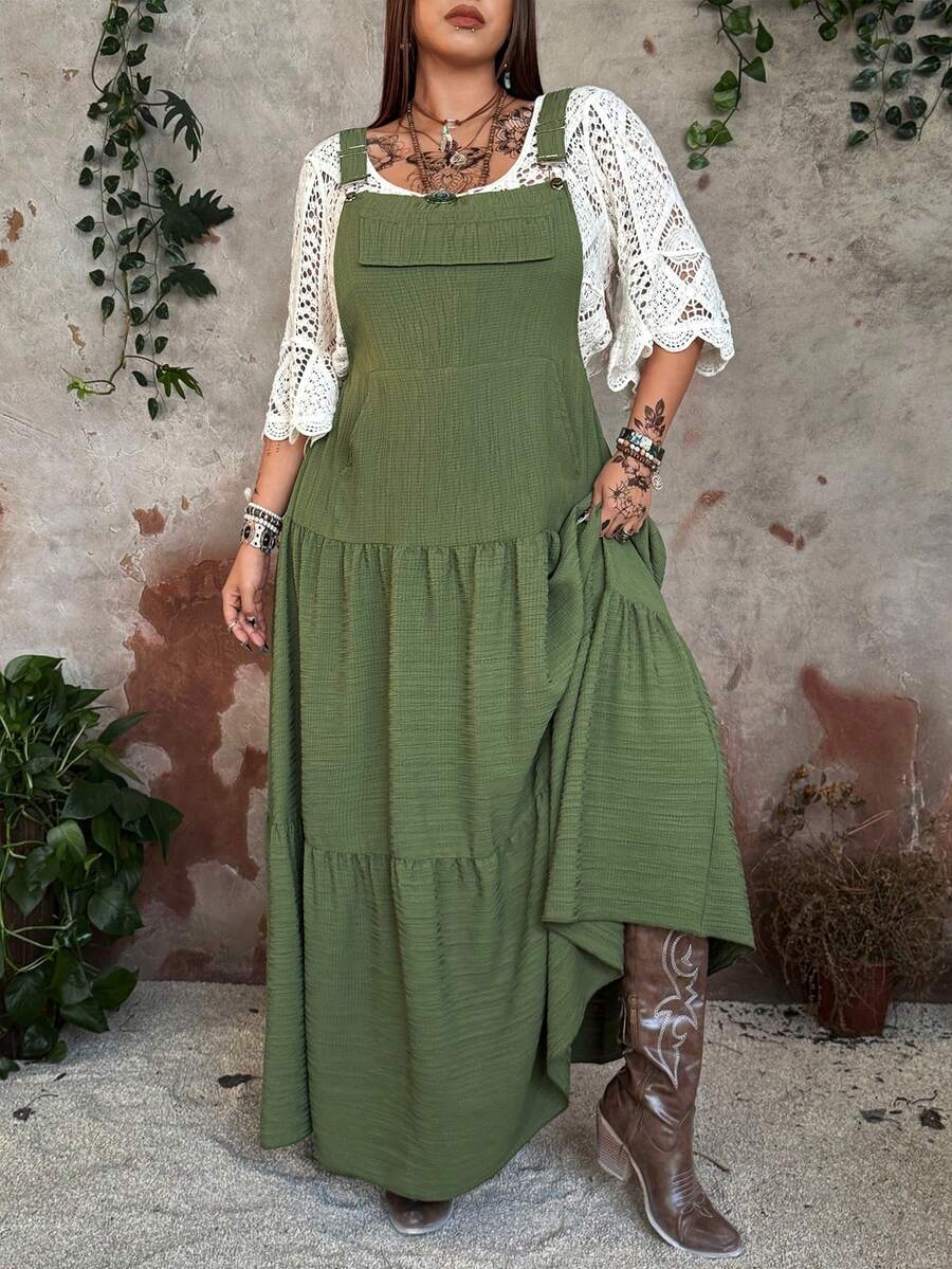 Whyspr 春、秋、冬、春秋、秋冬时尚简约百搭纹理军绿色连体裤连衣裙，极简设计显瘦假口袋复古古铜色纽扣法式休闲长裙 - 軍綠色 - 查看 1