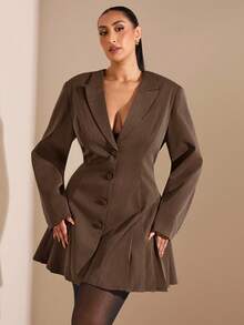 SHEIN BAE 秋冬季大码优雅通勤褶裥前开襟纽扣连衣裙 - 棕色 - 查看 9