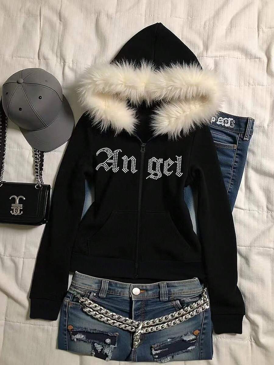 INAWLY 毛领连帽衫，绒毛领卫衣，女式卫衣，街头风上衣，街头女装，Y2K上衣，Y2K，姐妹装，秋季女装，当下流行，时尚上衣，美学卫衣，送给姐妹的礼物 - 黑色 - 查看 1