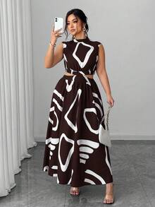 Elenzga Sukienka bez rękawów w dużym rozmiarze, seksowna i szykowna, idealna na dojazdy do pracy i wakacje - Kawowy brązowy - Zobacz 1