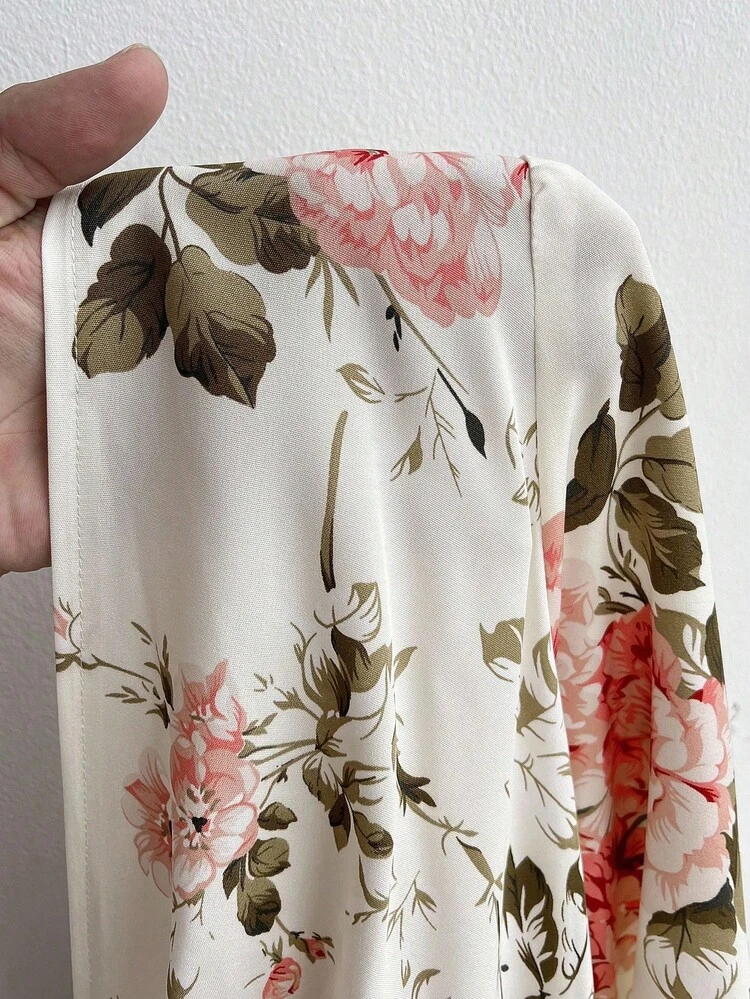 Elenzga Plus Size Women's Elegant Romantic Ditsy Floral Short Sleeve V-Neck Pleated Flowing Maxi Dress, Suitable For Parties, Weddings, Spring/Summer - Multicolor - View 6