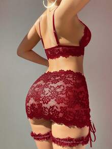 5pcs Sexy Lace Heart Buckle Garter Bodycon Dress Set With Ruffle Leg Cuffs - Burgundy - View 2