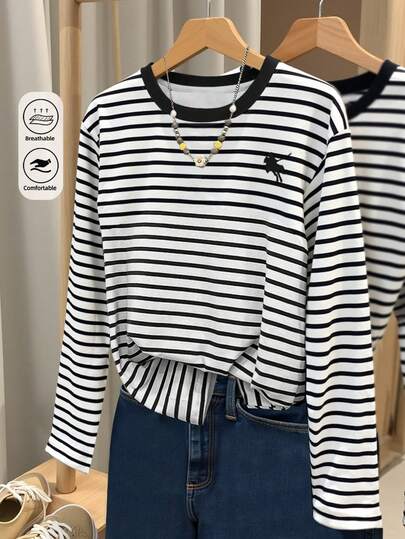 Franclia T-shirt ample à manches longues, col rond, rayé, décontracté pour femmes, automne