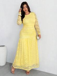 Firerie 大码优雅度假风圆领褶皱喇叭下摆高品质蕾丝弹力长袖连衣裙，适合春、夏、秋、冬四季穿着。 - 黃色 - 查看 8