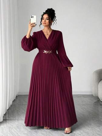 Elenzga Plus Size Women's Pink Metal Buckle Decor Pleated Waist Slimming V-Neck Dress, Shirt Collar & Cuff Design, Suitable For Back To School, Graduation, Valentine's Day, Music Festival, Mother's Day, Halloween, Thanksgiving, Easter, National Day, Prom, Date Party, Wedding Season, Outdoor Trips