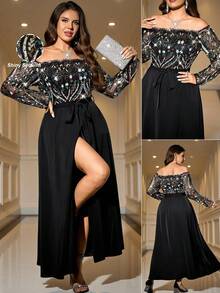SHEIN Clasi Váy hở vai đính sequin dự tiệc sang trọng cỡ lớn - màu đen - Xem 8