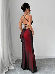 Rafferiza Petite 女款優雅派對長洋裝，黑色與紅色秋季V領拼色蕾絲露背交叉肩帶網紗魚尾下擺修身掛脖新年禮服，適合嬌小女性 - 彩色 - 查看 2