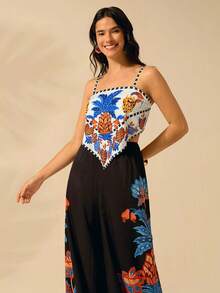 女士波西米亚风菠萝热带植物印花V领系带露背吊带背心，休闲海滩度假夏季 - 彩色 - 查看 6