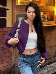 SHEIN LUNE Chaqueta corta con cremallera de unicolor simple para uso diario y casual de las mujeres - Morado - Ver 3