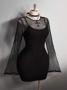 SHEIN ICON Bộ váy 2 mảnh bó sát lưới đen cỡ lớn, Y2K, Lễ hội âm nhạc - màu đen - Xem 7