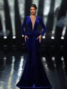 Glamrae Elegant Velvet Sexy Deep V-Neck Heavily Embellished Shoulder Pad Long Sleeve Ruched Waist Fishtail Front Slit Robe, Party Dress, Wedding Guest Dress, Evening, Robe For Gala Night Gown - Royal Blue - View 3