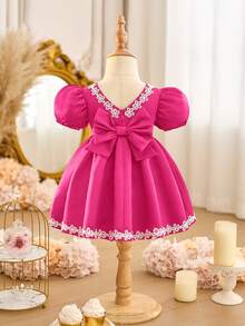 SHEIN Váy ren hoa đỏ tay ngắn cho bé gái dễ thương và thanh lịch, mùa hè - Màu Hồng Tươi - Xem 9