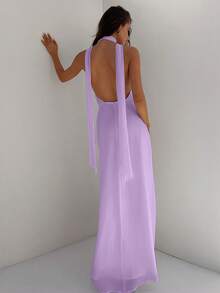 Aloruh 女式深 V 领、露背、腰带装饰雪纺连衣裙、腰部收紧 A 字形轮廓，适合婚礼派对夏季假期 - 紫羅蘭色 - 查看 3