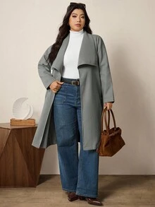 SHEIN LUNE Damen Große Größen Lässig & Business Minimalistische Lange Ärmel Woll Mäntel - Grau - Übersicht 3