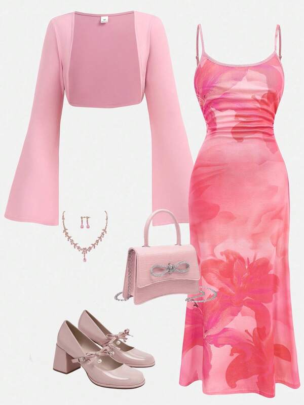 Girlism 2pcs/Set Teen Girls Solid Color Knit Cropped Top And Bodycon Mini Dress, Elegant And Chic Outfit For Outings And Parties Fall Winter