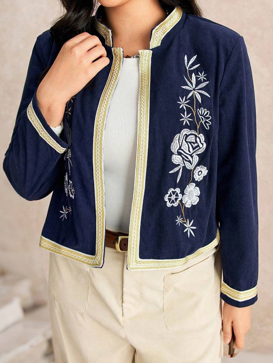 SHEIN LUNE Plus Size Women's Vintage High-End Design Ribbon Splice Stand Collar Long Sleeve Embroidered Cropped Cardigan, Versatile - Navy Blue - View 1