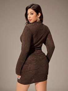 Auralis Plus Size Chocolate Brown Autumn Elegant Night Out Club Long Sleeve Mini Dress,Ruched Textured High Stretch Slim Fit Bodycon Commuter Formal Dinner - Brown - View 3