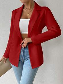 SHEIN Luminelle Women's Notched Collar Regular Shoulder Long Sleeve High Waisted Solid Color Blazer Red Jacket Fall Cloth For Women - Red - View 3