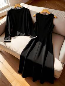 SHEIN Franclia Franclia 女士优雅黑色撞色珍珠边长袖开衫外套和珍珠装饰圆领长裙两件套，秋冬款