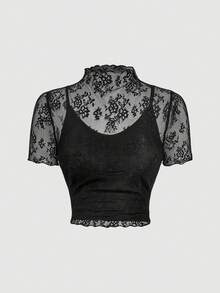 SHEIN MOD 2 件大码女式黑色蕾丝抽绳腰迷你裙套装，适合新年、狂欢、节日、Y2K、性感、西部、夏季、乡村、情人节、邮轮 - 黑色 - 查看 8
