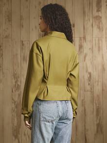 Aveloria Damen Jacke aus gewebter Baumwollmischung mit Hemdkragen und Reißverschluss, mit Fake-Taschen, geeignet für den täglichen Arbeitsweg - Senfgelb - Übersicht 6