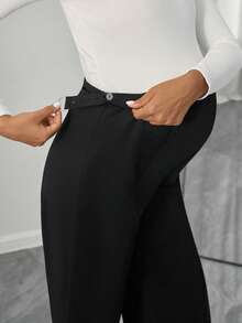 SHEIN Quần ống rộng tối giản họa tiết kim loại có thể điều chỉnh eo, dùng khi đi làm - màu đen - Xem 6