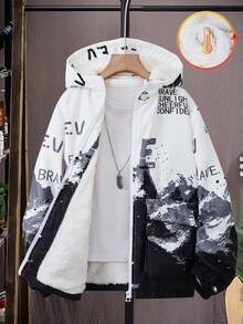 Vacaura Tween Boy 休闲时尚水墨画字母装饰袋鼠口袋连帽夹克，百搭适合秋冬日常穿着