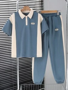Vacaura 2 件套男童休闲 Polo 衫套装，撞色饰边翻领衬衫，撞色锥形裤，面料舒适，适合夏秋季节 - 水鴨藍 - 查看 3