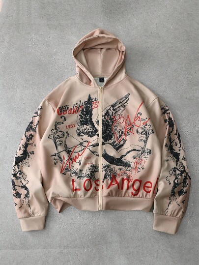 Street Life Men's Zip-Up Cupid Hoodie Sweatshirt, Angel Print Vintage Casual, Loose Fit