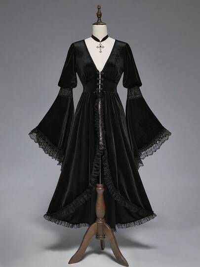 Goth Gothic Elegant Palace Style Deep V-Neck High Slit Oversized Bell Sleeve Lace & Velvet Patchwork Fitted Jacket
