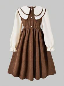 SHEIN Girls Pearl Button Decor Long Sleeve Peter Pan Collar Midi Pleated Dress, Cute Sweet Academic Style, Fashionable, Autumn/Winter - Brown - View 9