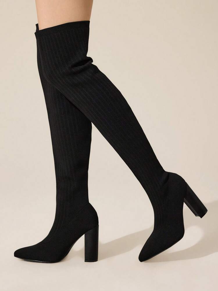 CUCCOO BASICS Women's Black Pointed Toe Fashionable Versatile Thigh-High Boots For Christmas