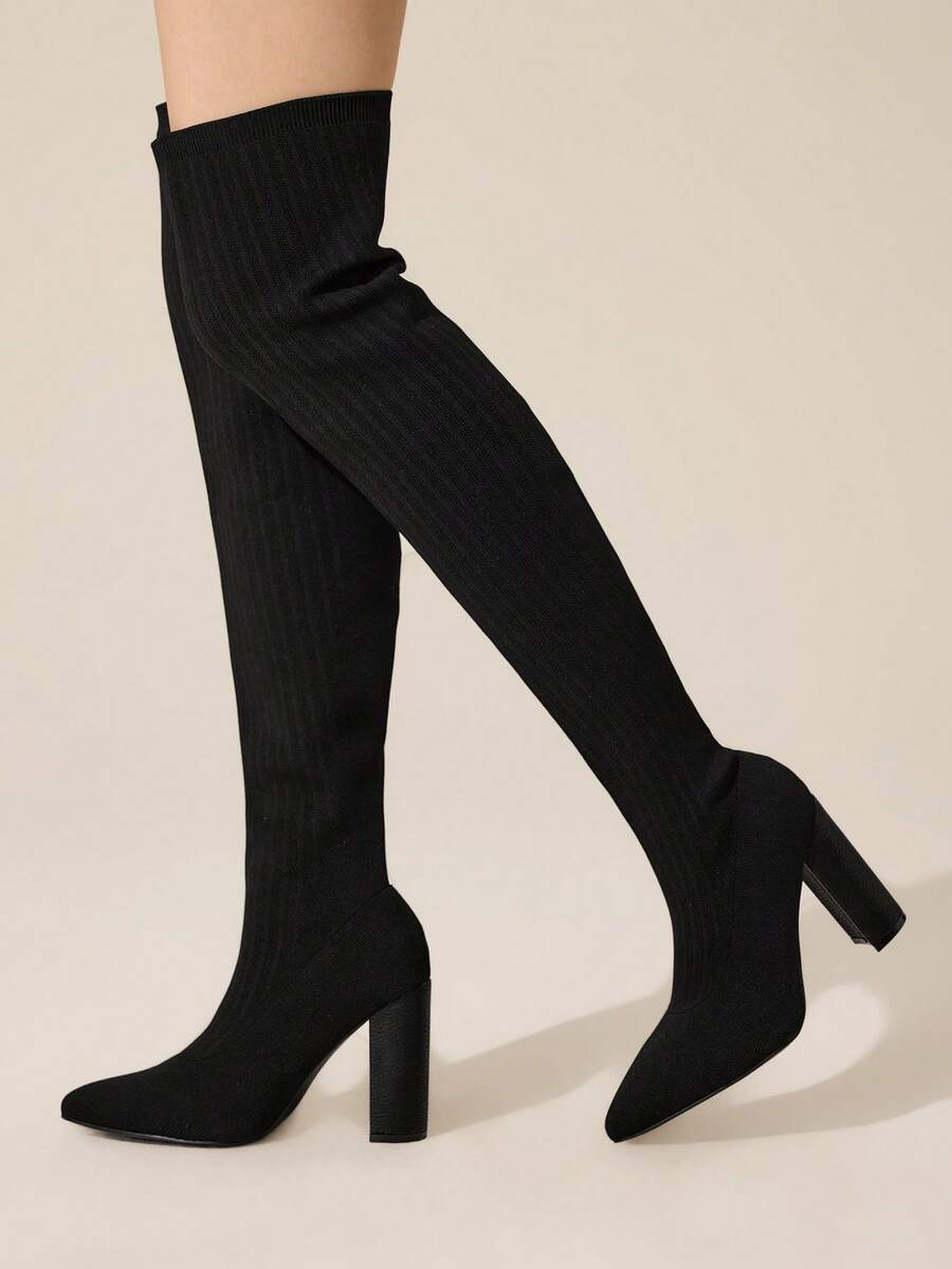 CUCCOO BASICS 女士黑色尖头时尚百搭过膝长靴 - 黑色 - 查看 1