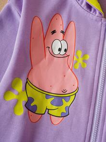 SpongeBob SquarePants | SHEIN Conjunto de sudadera con capucha con cremallera y pantalones con estampado de dibujos animados lindos de color morado para niña preadolescente - Morado - Ver 10