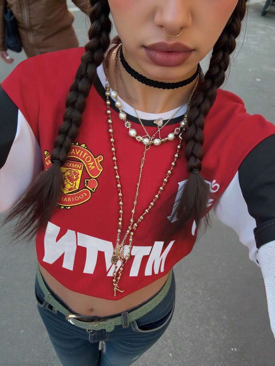INAWLY 女士宽松圆领美式橄榄球球衣T恤,字母印花,情侣款 - 紅色 - 查看 1