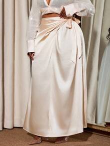 Truni 大码女式A字系带腰身半身裙，松紧腰设计，真丝面料，米白色，优雅缎面，适合梨形三角身材/2026/新年 - 杏色 - 查看 4