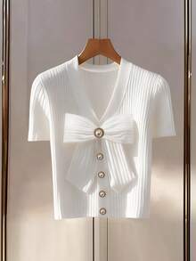 GlowEve CURVE Plus Size Women Elegant Short Sleeve V-Neck Blouse With Bow Decor White Tie Front Top White Ribbed Knit Top Elegant White Top Knit Tops For Women - White - View 1