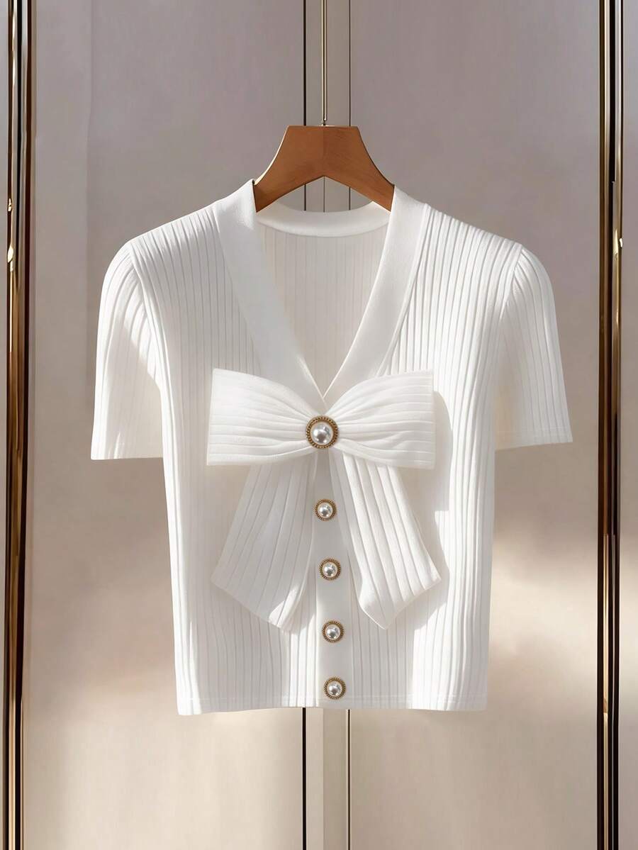GlowEve CURVE Plus Size Women Elegant Short Sleeve V-Neck Blouse With Bow Decor White Tie Front Top White Ribbed Knit Top Elegant White Top Knit Tops For Women - White - View 1