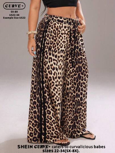 SHEIN CURVE+ Plus Size Casual Leopard Print Y2K Style Drawstring Waist Wide Leg Loose Pants, Autumn Women Clothing