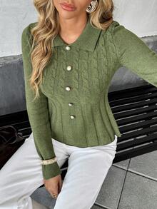 Pariaura 女士秋冬加厚高领修身荷叶边牛仔麻花针织套头毛衣 - 軍綠色 - 查看 5