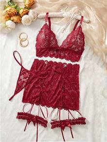 5pcs Sexy Lace Heart Buckle Garter Bodycon Dress Set With Ruffle Leg Cuffs - Burgundy - View 6