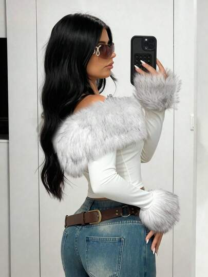 SHEIN ICON 1件露肩毛边修身优雅纯色长袖T恤