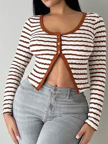SHEIN SXY Casual Striped Long Sleeve Women Tops,Autumn,Off-White,Seksi Chic,Night Out, Crop Sweater Top,Winter,Thanksgiving For Women,Fall,Stripe - Multicolor - View 4