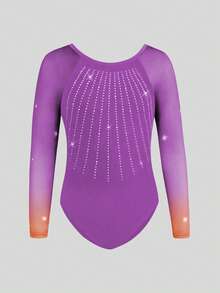 SHEIN Tween 女童运动服渐变色网眼长袖体操紧身衣，水钻装饰体操紧身衣，四向弹力高弹力健身户外运动舞蹈瑜伽体操连体衣 - 紫色 - 查看 3