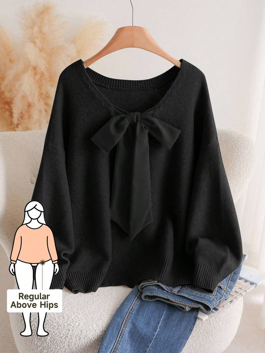 CosyJoli Luźny sweter w dużym rozmiarze, z dekoltem w serek i kokardą, wiązany na plecach, na jesień/zimę