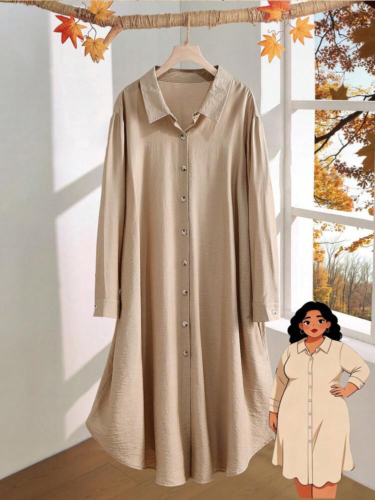 Plus Size Women's Country Casual Apricot Solid Color Mid-Length Shirt Dress, Autumn/Winter,Going Out Outfits,2025 New Clothes,Simple And Fashionable For Everyday Wear, Plus Size Winter Clothes,New Year Dress,Flowy Dress,Christmas Outfit For Women ,New Year Clothes
