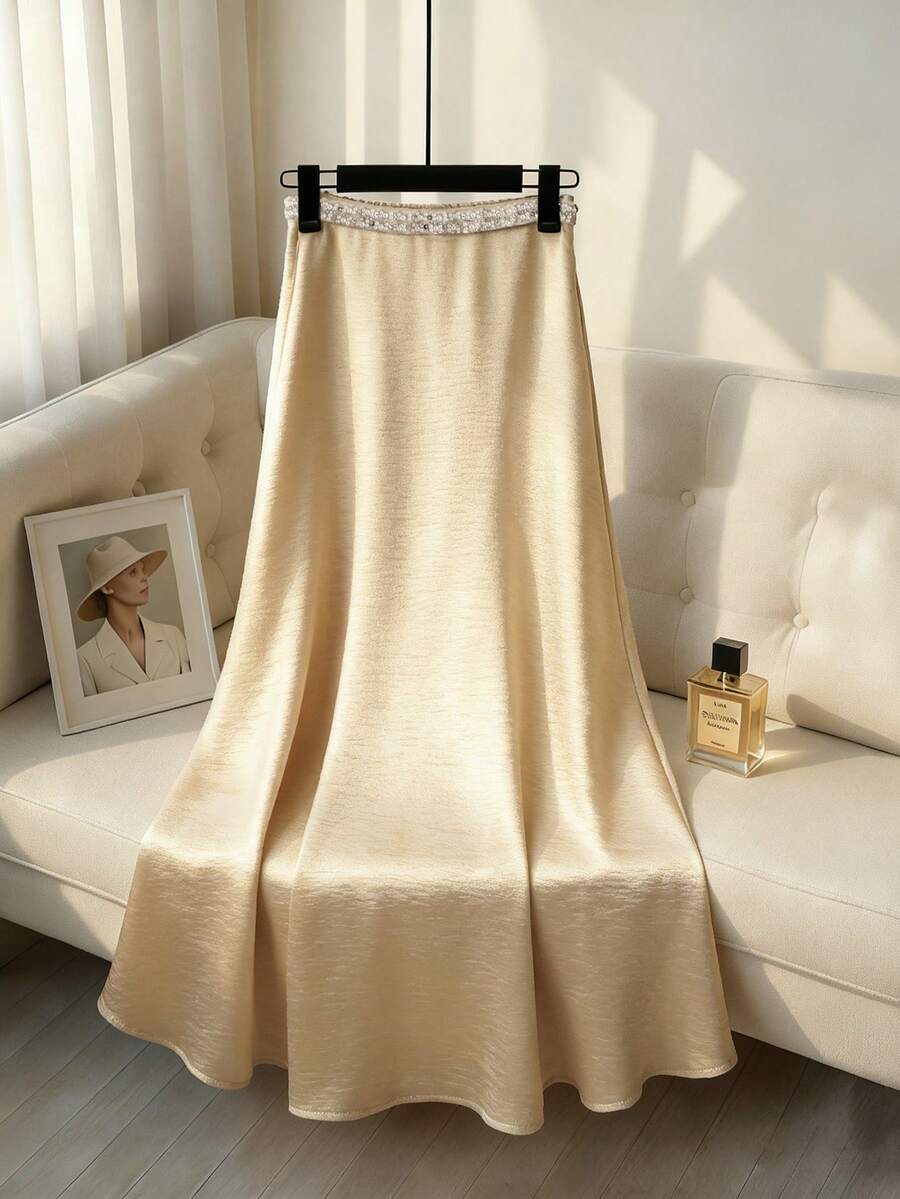 SHEIN Franclia Women's Elegant Pearl Trim Long Skirt Satin Skirts For Women Cream Skirt Women Long Skirt Elegant Skirt Silk Skirt - Champagne - View 1