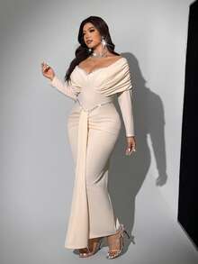 Viva Relle 大码女士优雅浪漫奢华钻石装饰无肩带收腰长袖连衣裙，秋冬款 - 杏色 - 查看 2