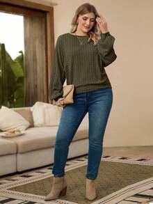 Rosumi Women Plus Size Olive Green Round Neck Ribbed Casual Long Sleeve Sweatshirt,Autumn Smart Casual Lantern Sleeve Top,Winter Clothes Christmas Shirt - Army Green - View 4