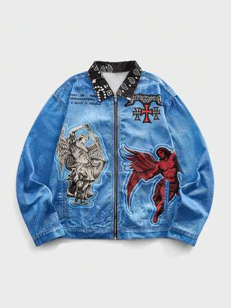 Men's Angel Letter Print Zip-Up Casual Jacket
